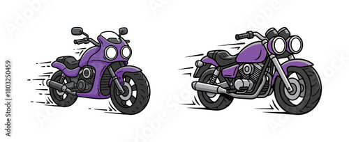 Set of two purple cruiser and sport style motorcycles in flat line art style with speed lines, symbolizing fast travel, adventure, freedom, and road trip concepts