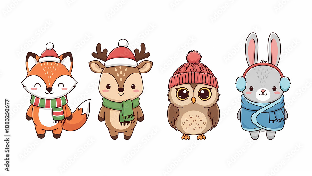 Fototapeta premium Cute cartoon winter animals dressed in festive attire for the holiday season