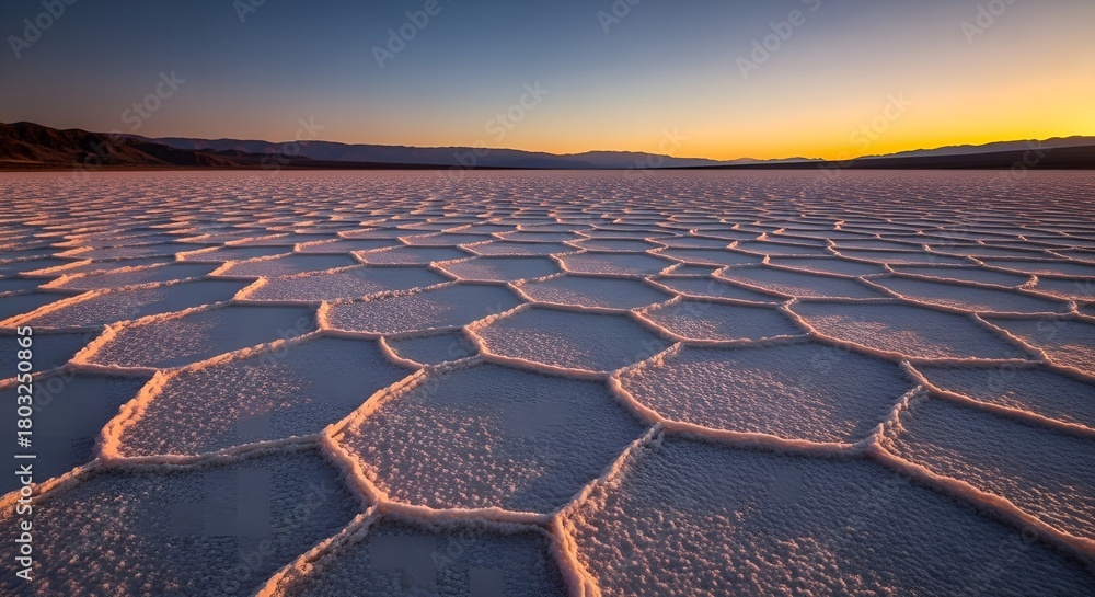 Fototapeta premium Hexagonal Salt Flats Under a Golden Sunset Sky in a Desert Landscape