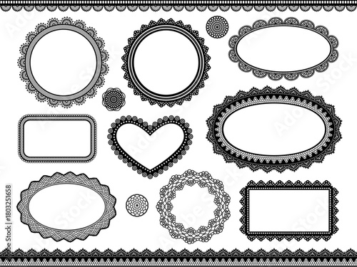レースのモノクロフレームセット／円、四角、ハートの形