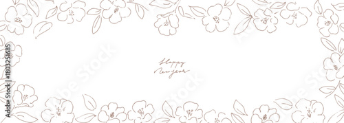 正月イラスト。年賀状にも使える椿の線画イラスト。和風の椿と植物のイラスト。椿の正月背景。
New Year's illustration. A line drawing of a camellia that can also be used for New Year's cards. Japanese-style camellia and plant illustration. Camellia 