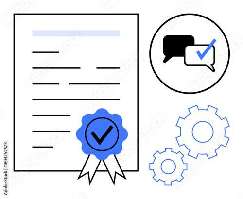 Official document with validation badge, speech bubbles for communication, and gears representing process optimization. Ideal for certification, compliance, teamwork, process management, quality