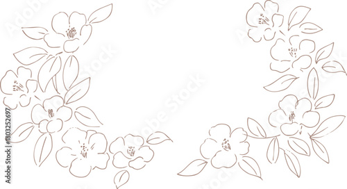正月イラスト。年賀状にも使える椿の線画イラスト。和風の椿と植物のイラスト。椿の正月背景。
New Year's illustration. A line drawing of a camellia that can also be used for New Year's cards. Japanese-style camellia and plant illustration. Camellia 
