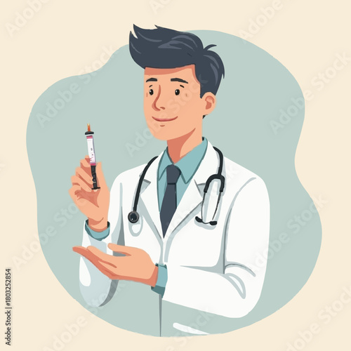 Young male doctor holding syringe and smiling on colored background  