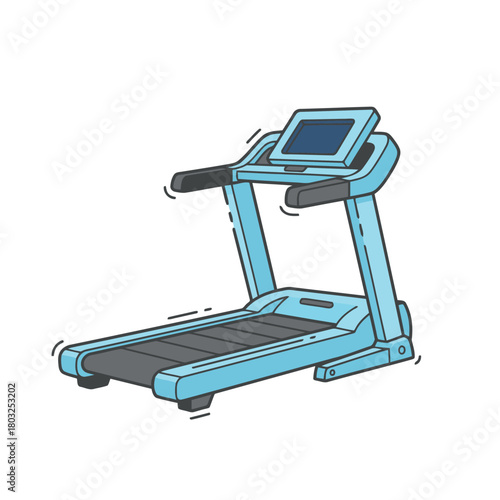 Isolated blue modern electric treadmill illustration in flat line style, representing cardio exercise, running, gym equipment, home fitness, and health technology