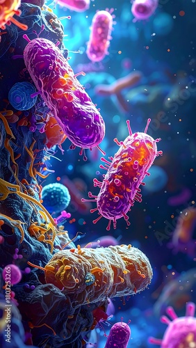 A detailed digital illustration showcases microscopic organisms in vibrant colors, with a focus on cellular structures and interactions