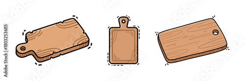 Set of three wooden cutting board illustrations in flat line style, representing kitchen utensils, food preparation, cooking, and home dining accessories
