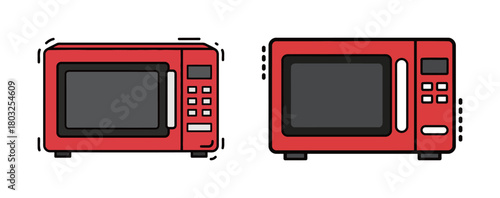 Set of two red microwave oven illustrations in flat line style, representing kitchen cooking, heating food, quick meals, and home appliance technology