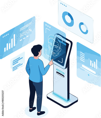 A man interacts with a futuristic touchscreen kiosk displaying various graphs and charts in shades of blue, set against a clean white background with a modern aesthetic.