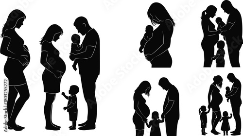 Black silhouettes of pregnant women fathers and children in various family groupings