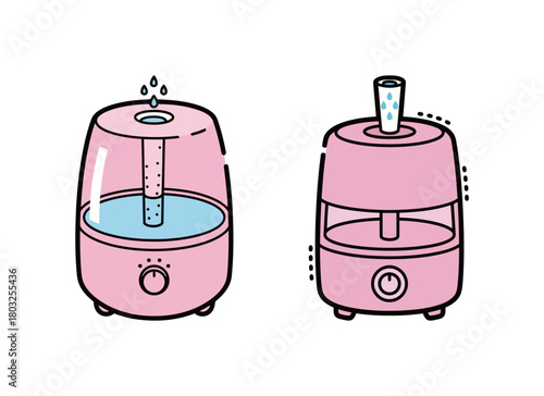 Set of two pink ultrasonic humidifiers with visible water tanks, representing home comfort, air quality, health, and modern household technology appliances
