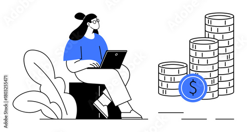 Young woman working on laptop near stacks of coins symbolizing financial growth, profit, and online income. Ideal for business, finance, investment, startup, freelancing, e-commerce virtual work