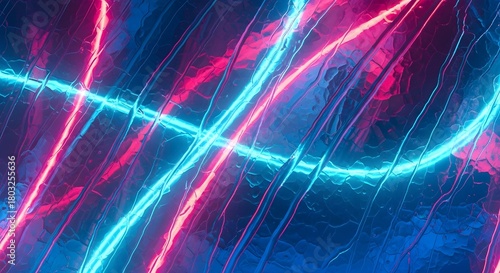Vibrant abstract illustration featuring intertwining glowing neon light streams in electric blue and magenta, creating a dynamic futuristic energy flow