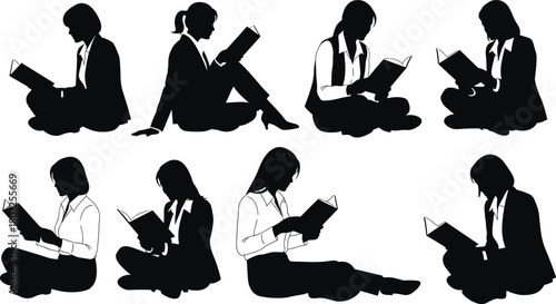 Collection of black silhouettes of women in business attire reading books in various seated positions