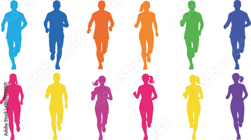Diverse group of male and female runners in bright solid color silhouettes on white background