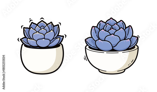 Pair of purple succulent plants in white ceramic pots in flat line style, representing indoor gardening, houseplant decor, natural beauty, and botanical elements