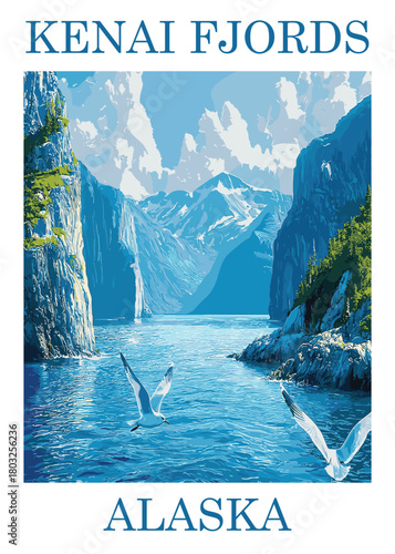 Kenai Fjords National Park, Alaska travel poster vector illustration featuring dramatic ice-covered cliffs, turquoise glacial waters, and flying seagulls.