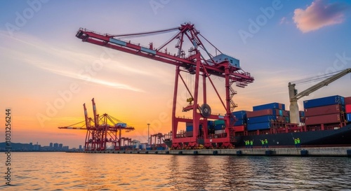 A large red and black container ship docked at a bustling port with cranes and containers in the background, under a vibrant sunset sky.