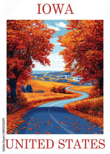 Iowa vintage travel poster vector illustration showcasing a scenic, winding country road surrounded by dense, blazing autumn foliage and rolling yellow fields.