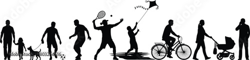 Diverse people silhouettes engaged in outdoor activities like walking dog playing soccer flying kite cycling and pushing stroller