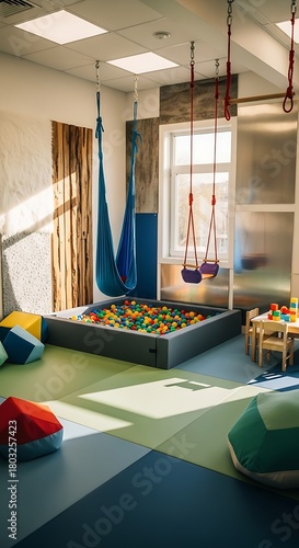 Modern Children's Sensory Play Room with Ball Pit, Swings, and Activity Table