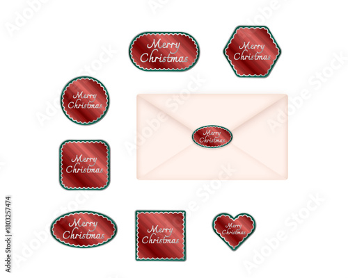 「メリークリスマス」のデコレーションステッカーと封筒セット メタリックな装飾シールコレクション