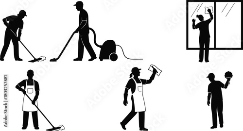 Silhouettes of people cleaning with mops vacuum cleaner and window squeegee janitor