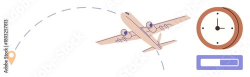 Airplane flying along a dashed travel path with goal marker, clock indicating time, and progress bar. Ideal for travel, time management, logistics, efficiency, planning journeys exploration. Clean