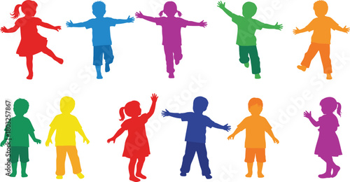 Ten colorful child silhouettes with arms outstretched on a white background children