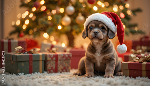 Adorable puppy wearing a santa hat sitting near christmas presents and a decorated christmas tree indoors