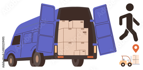 Delivery van loaded with boxes, worker figure, forklift carrying parcels, and location marker. Ideal for logistics, shipping, transportation, e-commerce, delivery services supply chain storage