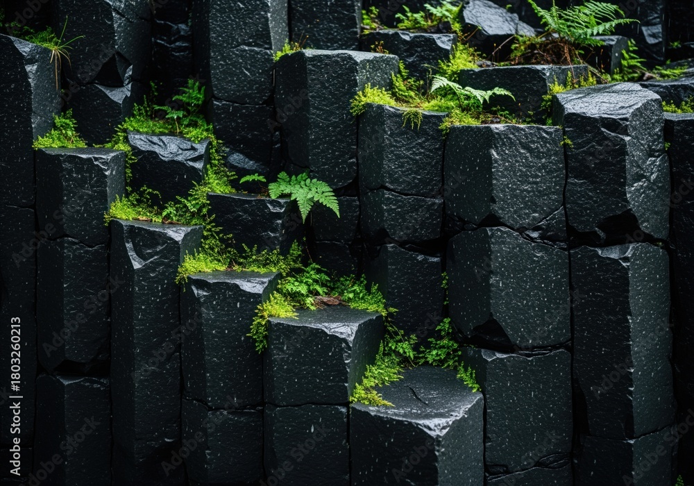 Fototapeta premium Dark hexagonal basalt columns texture with vibrant green moss and ferns.