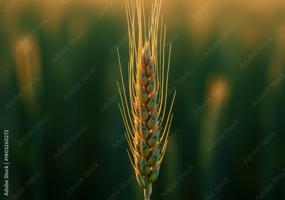 Obraz premium Single golden wheat spikelet illuminated by warm sunlight during harvest season.