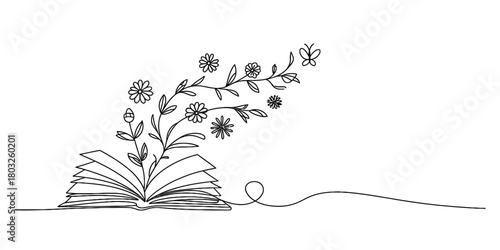 Continuous line drawing of an open book with a plant, flowers, leaves, and a butterfly, symbolizing knowledge, nature and growth.