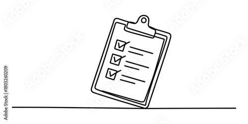 Continuous single line art drawing of a clipboard with a completed checklist, signifying task completion, goals, and successful accomplishment