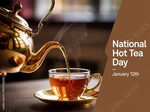 Golden teapot pours steaming hot tea into a clear glass cup for national hot tea day celebration