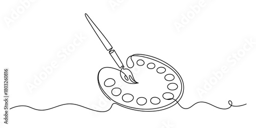 Continuous line drawing of a paintbrush and a traditional artist's palette with paint wells, symbolizing creativity and artistic expression