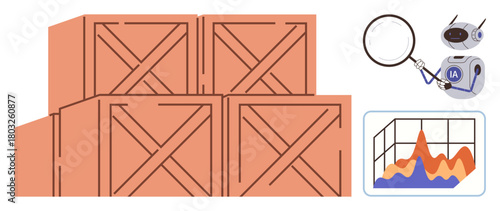 Wooden crates stacked for inventory, AI robot examining trends with magnifying glass, and analytical graph. Ideal for automation, logistics, inventory management, supply chain, data visualization, AI
