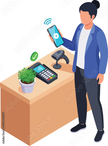 Illustration of a woman using a mobile payment system at a bank counter with a card reader and plant, conveying a modern financial transaction scene.