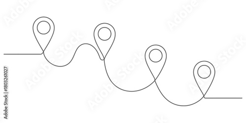 Fotografija Continuous line drawing shows a winding path connecting four distinct location map pins, representing a journey, route, or process steps