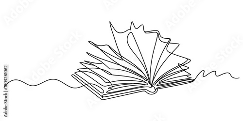 Continuous one line drawing of an open book with fanned pages, symbolizing education, knowledge, literature, and intellectual exploration.