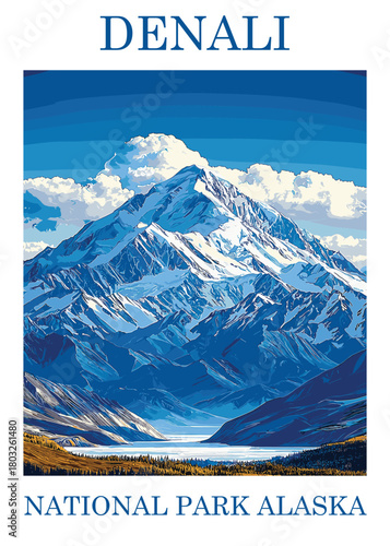 Iconic vector illustration of Denali National Park, Alaska, showcasing the massive snow-capped peak of Mount McKinley towering over the valley below.