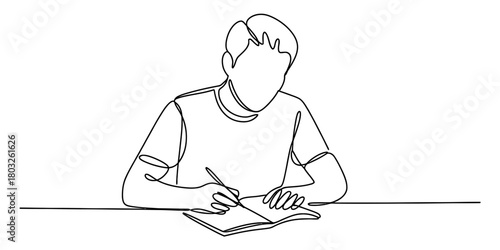 Continuous line drawing of a person writing in a notebook, symbolizing education, creativity, focused learning and thoughtful activity.