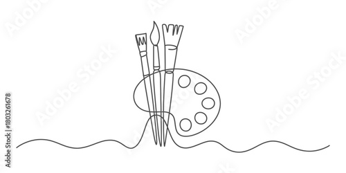 Continuous line art illustration featuring a set of paint brushes and an artist's palette, symbolizing creativity and artistic endeavor.