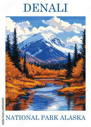 Beautiful vector illustration of Denali National Park in Alaska during the autumn season, featuring vibrant orange foliage and a serene river.