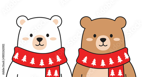 Cute cartoon polar bear and brown bear couple wearing matching red Christmas scarves, an adorable vector illustration for the winter holiday