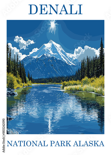 Sunny vector illustration of Denali National Park, Alaska, showcasing a wide reflecting river flanked by green forests and a massive snow mountain.