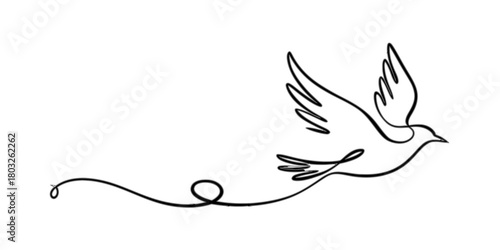 Minimalist continuous line art drawing of a flying dove illustration, representing peace, freedom, and spirituality on a clean background.