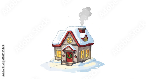 A charming illustrated winter cottage decorated for the Christmas holidays, with glowing windows and smoke coming from the chimney