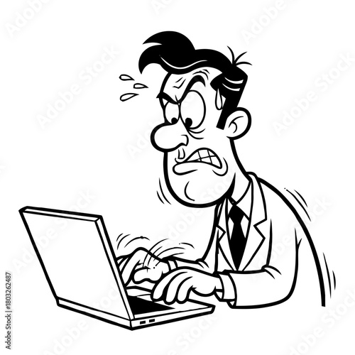 Frustrated businessman intensely typing on laptop, sweating and looking angry, conveying intense concentration and pressure